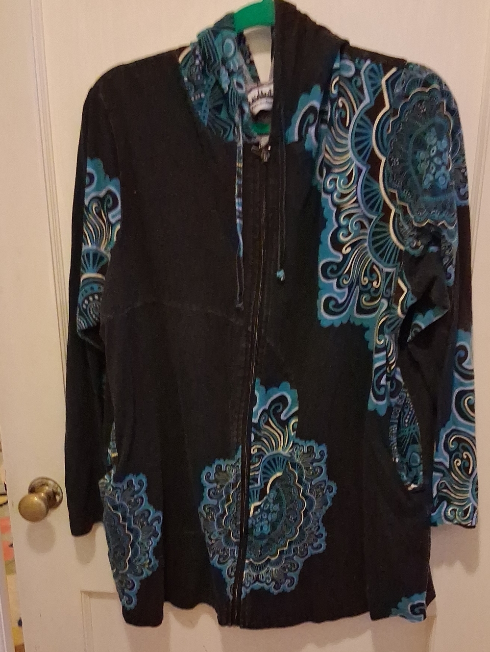 Black Jacket with Teal Floral Mandala Print - Zip Front Utility Hoodie